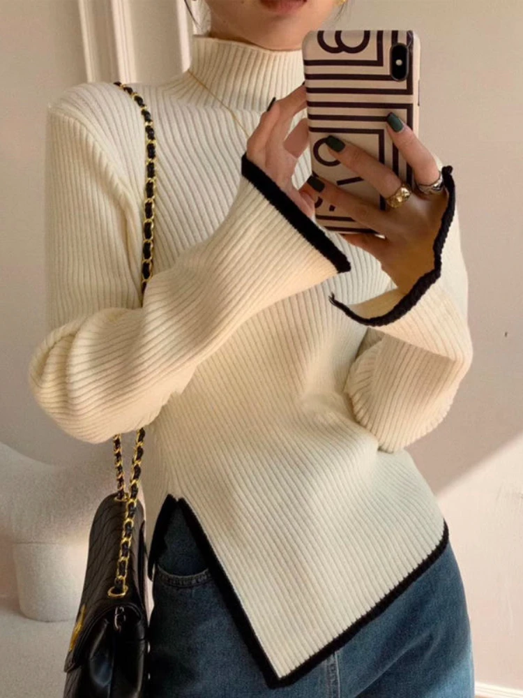 Deeptown Elegant Turtleneck Sweater Women Korean Old Money Style Slim Contrast Color Jumper Autumn Winter Casual Knitwear Tops