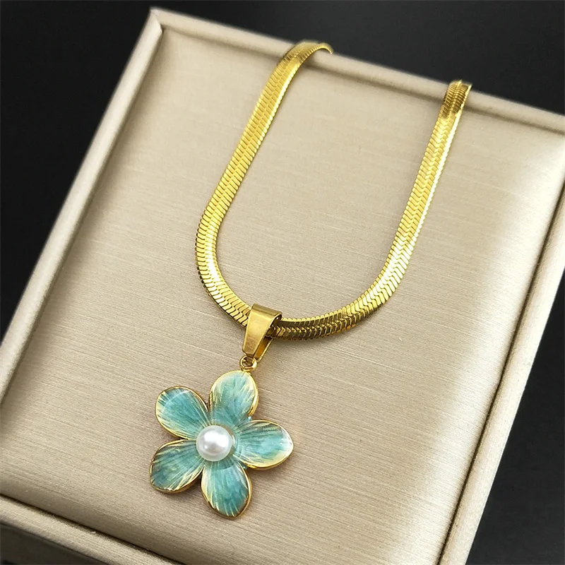 Korean Fashion Rosa Sakura Emaille Blume Perle Halskette Halsband für Frauen Edelstahl Gold Farbe Halsketten Schmuck NZZZ407S04 – Detail 7