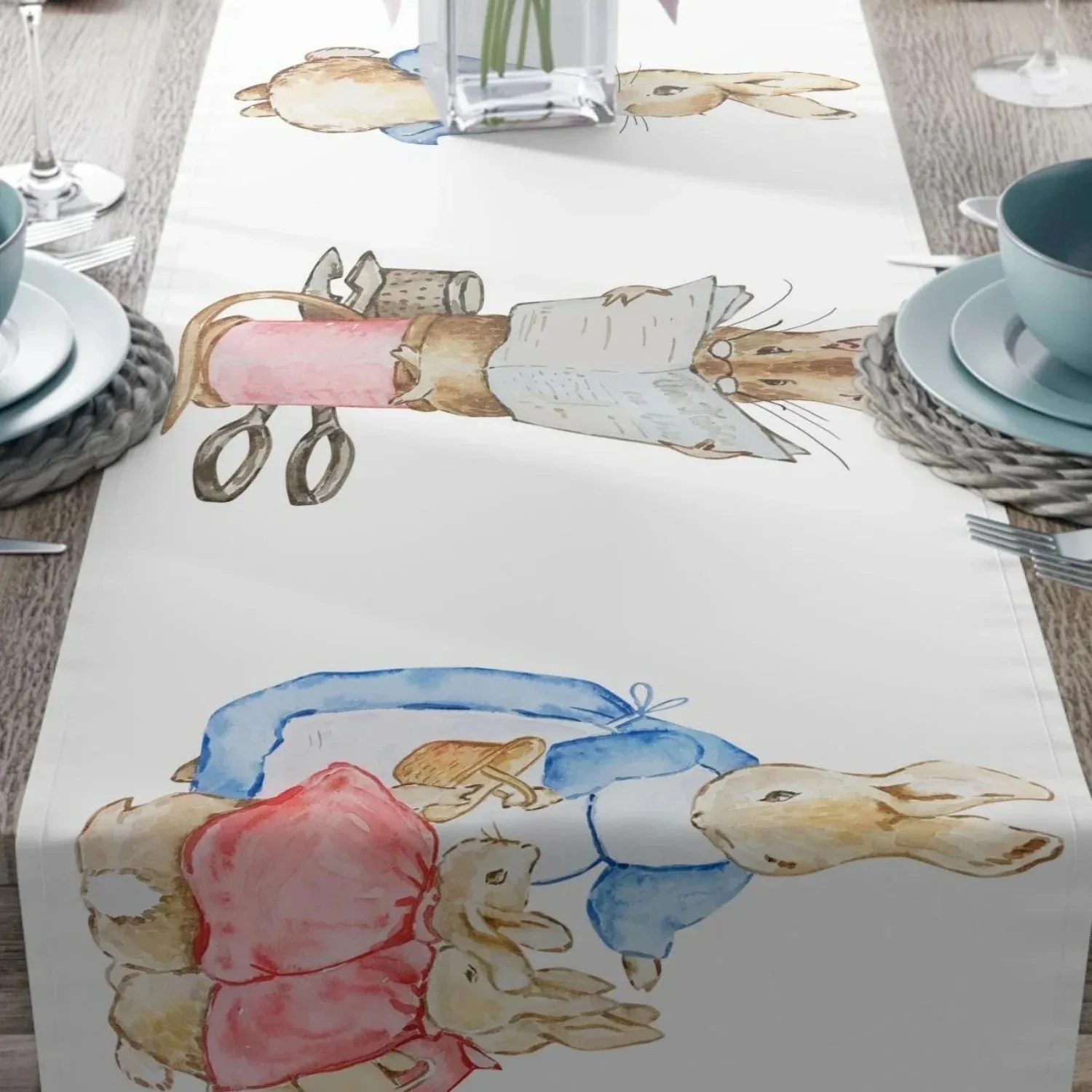 Watercolor Peter Rabbit Table Runner Classic Cartoon Bunny Reading Scene Print Soft Pastoral Style Dining Table Home Decor