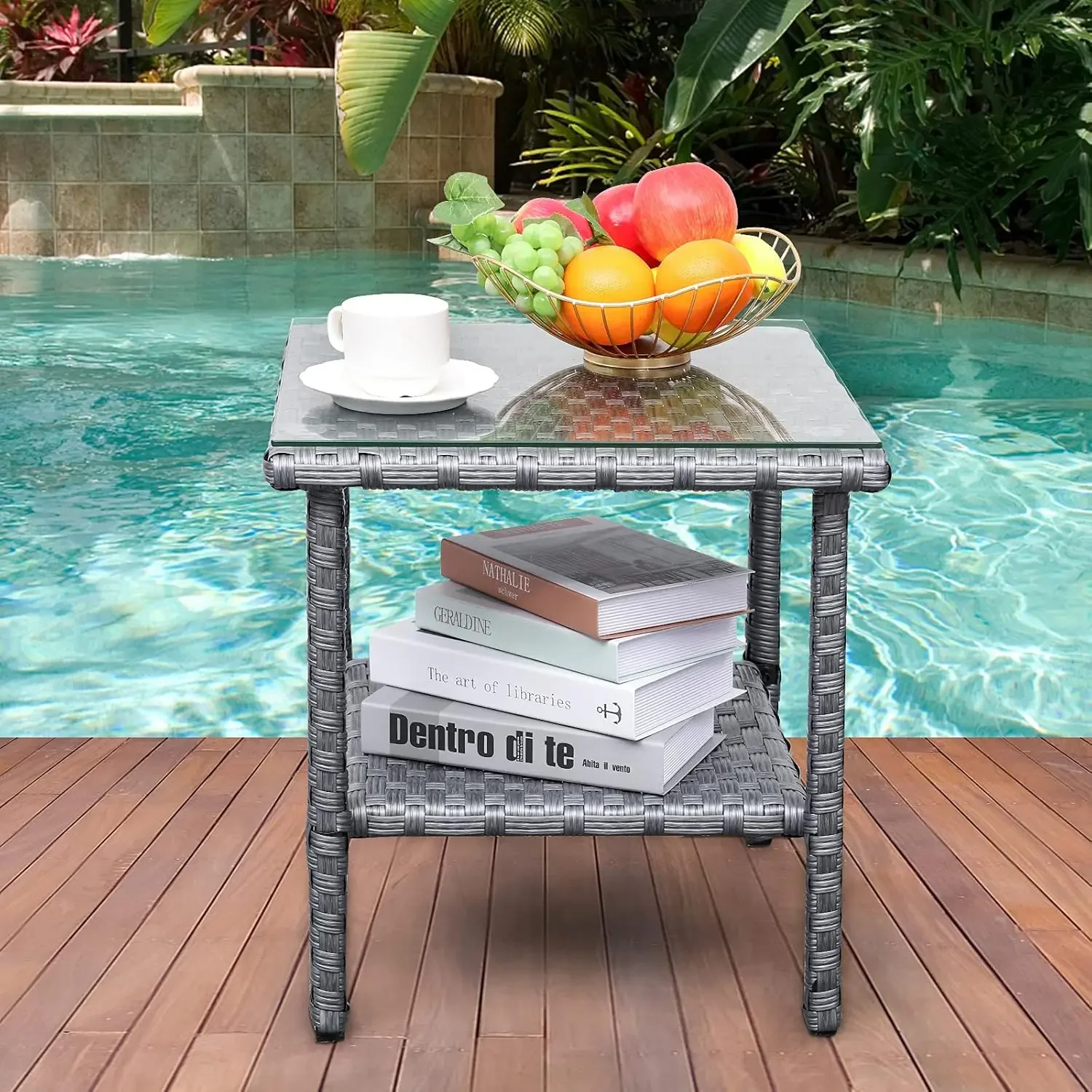 Outdoor PE Wicker Side Table - Patio Rattan Garden Coffee End Square Table with Glass Top-2-layer Table Furniture