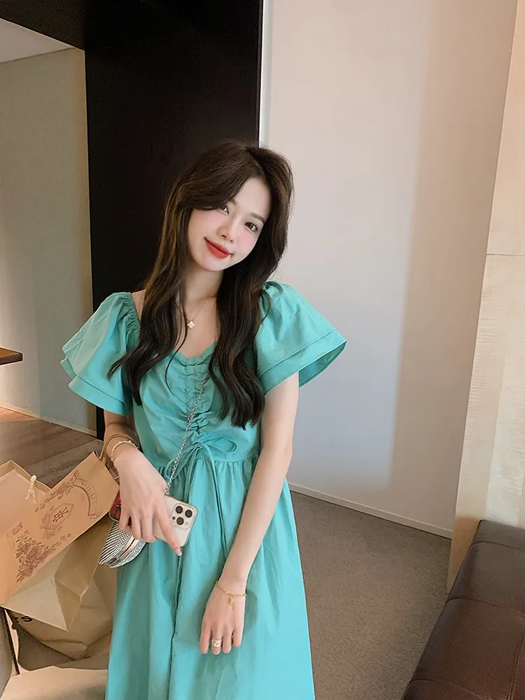 

Новинка 2023: Корейское летнее платье Anli из хлопка с V-образным вырезом, свободного кроя, синего цвета, с завышенной талией, А-силуэт, юбка-миди