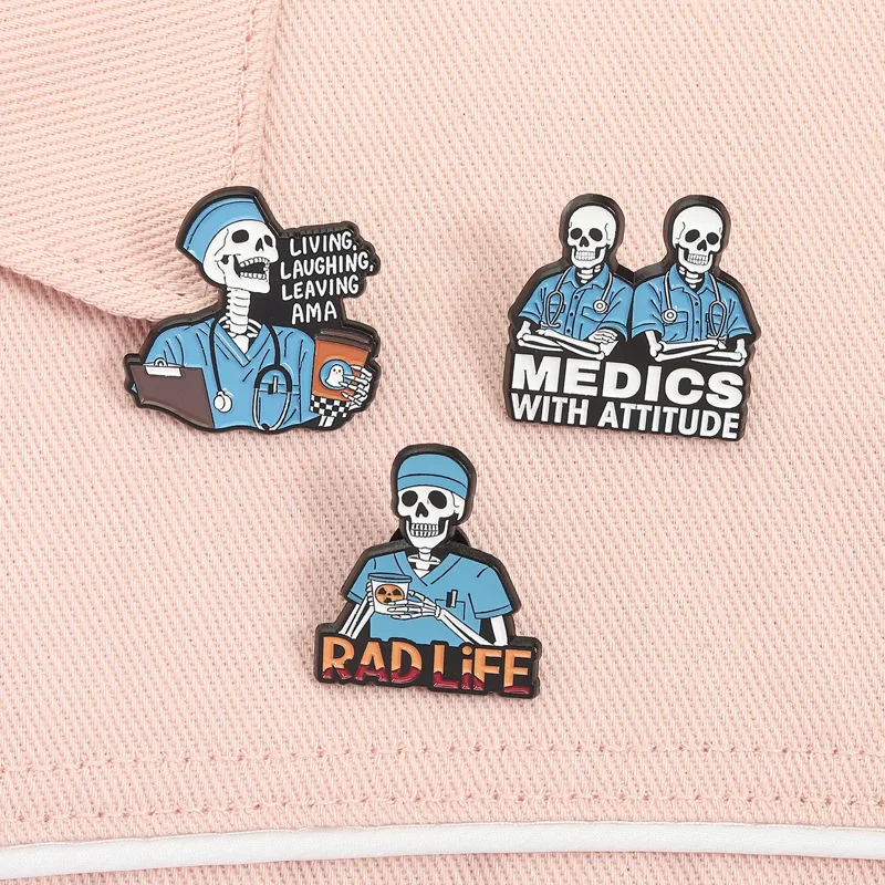 Cartoon skull doctor shaped badges, Creative letter character series alloy pins, clothing and bag accessories, gifts for friends
