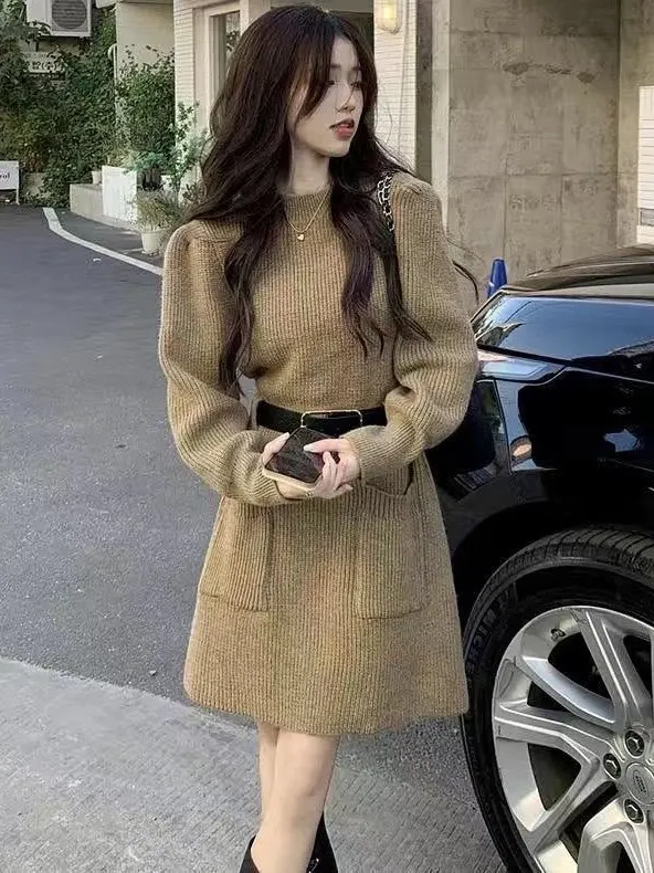 

Женское модное трикотажное платье больших размеров с застежкой на талии, базовый слой для похудения, модный корейский Sle Long Sve, круглый Ne Casual