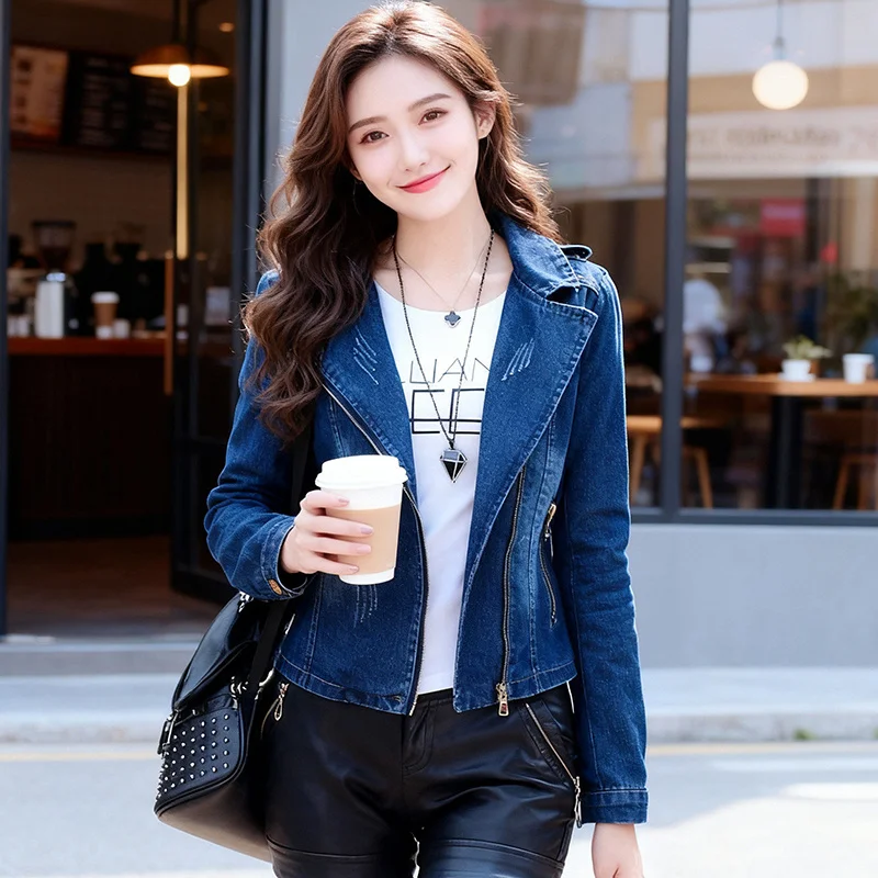 Spring Dark Blue Frayed Burrs Slim Thin Short Denim Jacket Notched Collar Zipper Decoration Long Sleeve Female Jeans Jacket Coat