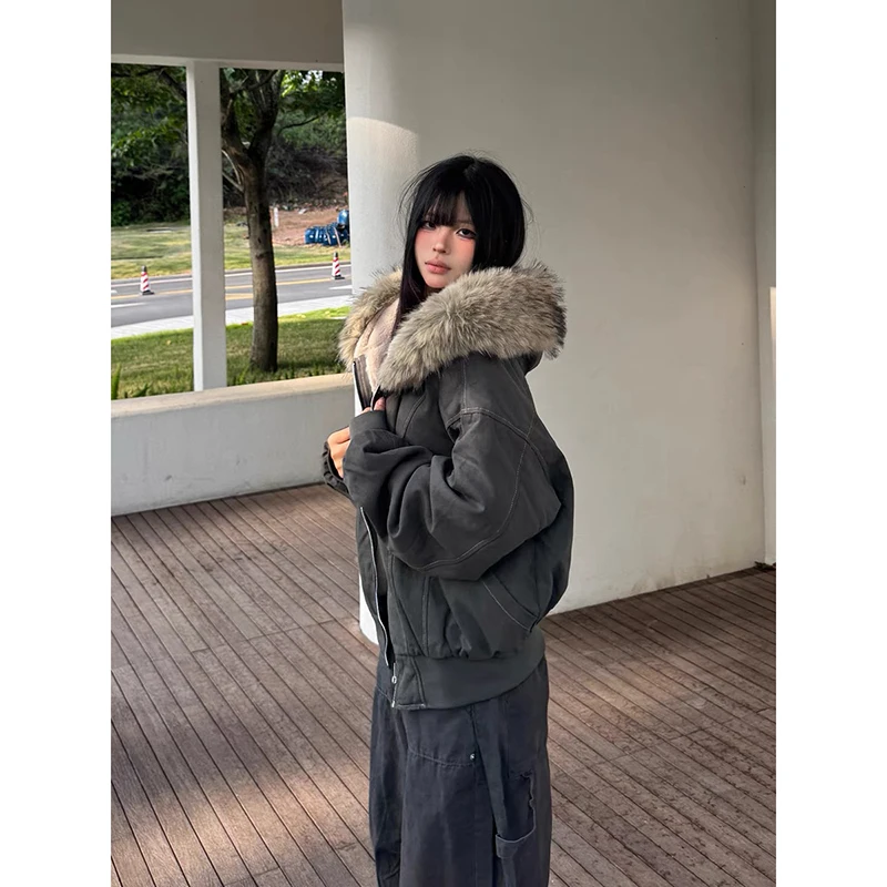YIBASHU Zimní dámská vlněná bunda s kapucí z jehněčí vlny, americký retro kabát z umělé kožešiny, korejský styl Y2k z roku 2000, silná teplá bunda - náhled 2
