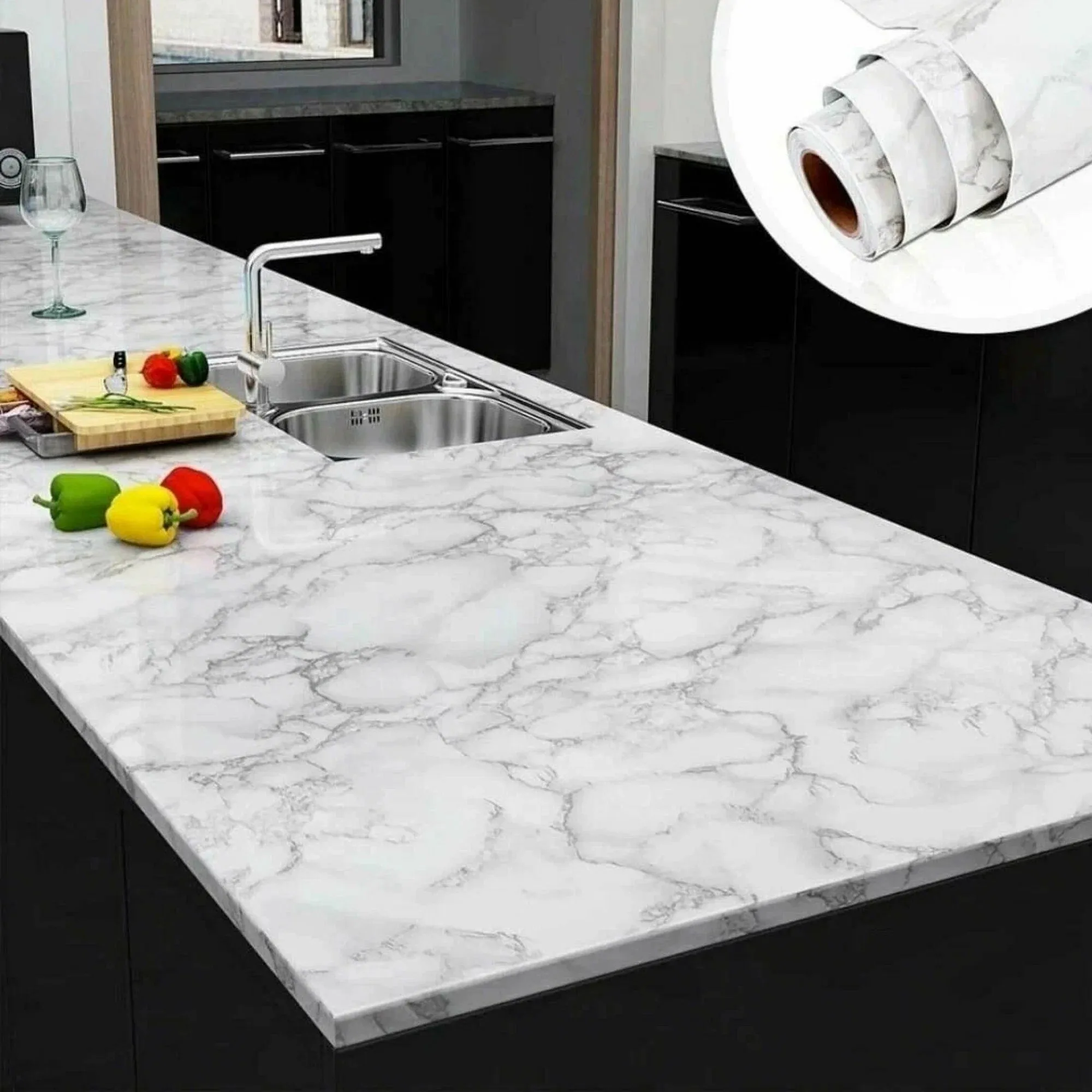 60cm Waterproof Oil Resistant Mold Resistant Self-Adhesive PVC Marble Wall Sticker for Kitchen Cabinets Countertops Wallpaper