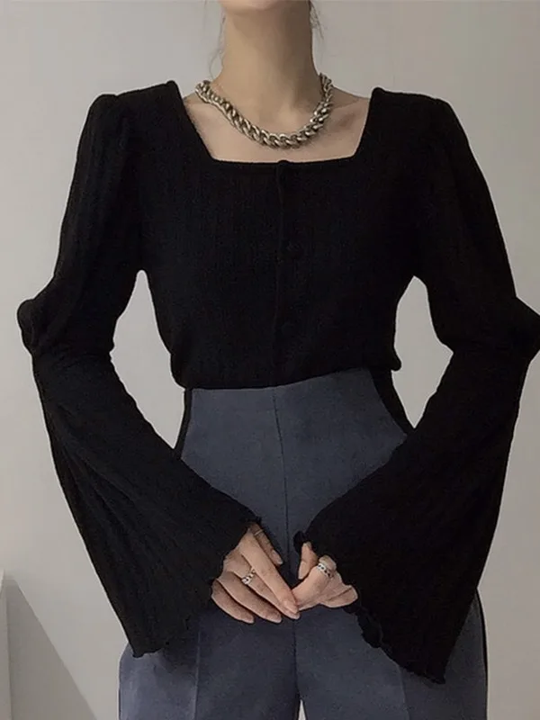 

Шикарный дизайн для похудения, вязаный складной подол, расклешенный све, женский свитер с квадратным воротником и одной пуговицей, кардиган, модный универсальный