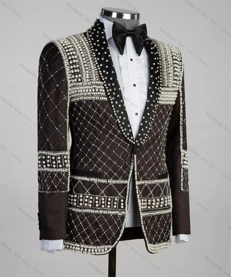 

Brown Men Suits 2 Piece Blazer+Black Pants Luxury Silver Crystals Stone Wedding Tuxedo Coat Customized Formal Office Jacket
