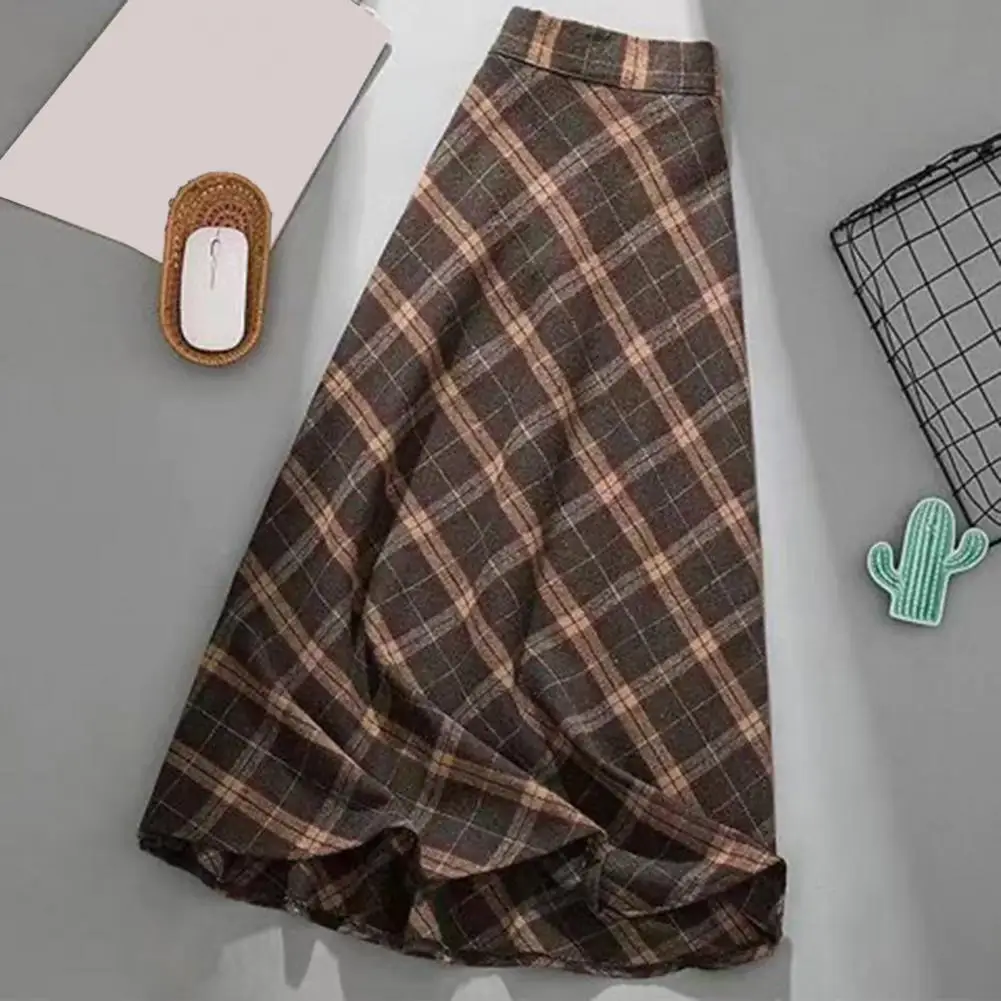 

Fall Women Midi Skirt Plaid Print Color Matching Elastic Waist A-line Skirt Thick Shirring Mid-calf Length Big Swing Skirt