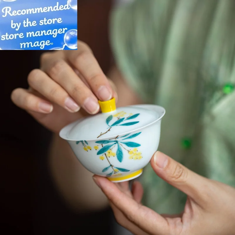 

Крышка чаши под глазурью Цветная ручная роспись мушмула Sancai Крышка Чаша Горшок Подшипник Керамическая кунг-фу Одиночная чаша для приготовления чая Гайвань