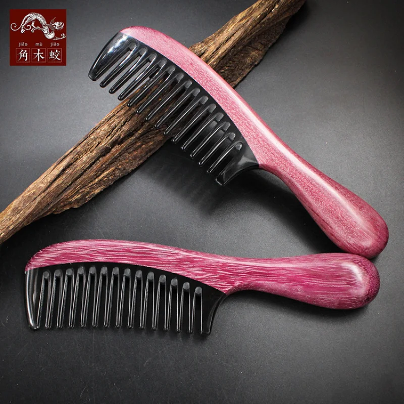 Purple heart wood comb with buffalo horn, large-toothed massage comb with a round handle