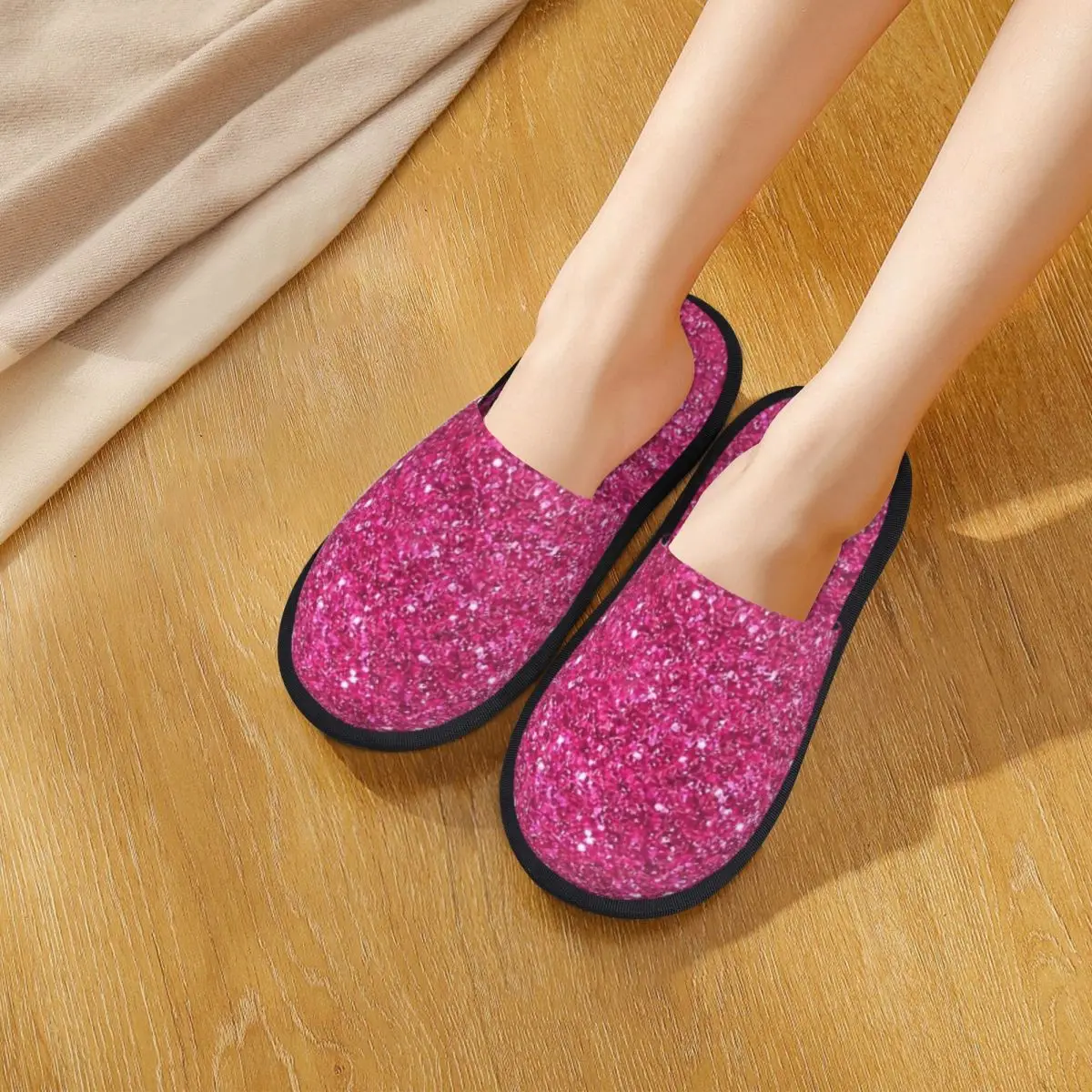 Custom Bubblegum Pink Glitter Slippers Memory Foam Warm Soft Women House Slipper Indoor Fluffy Shoes