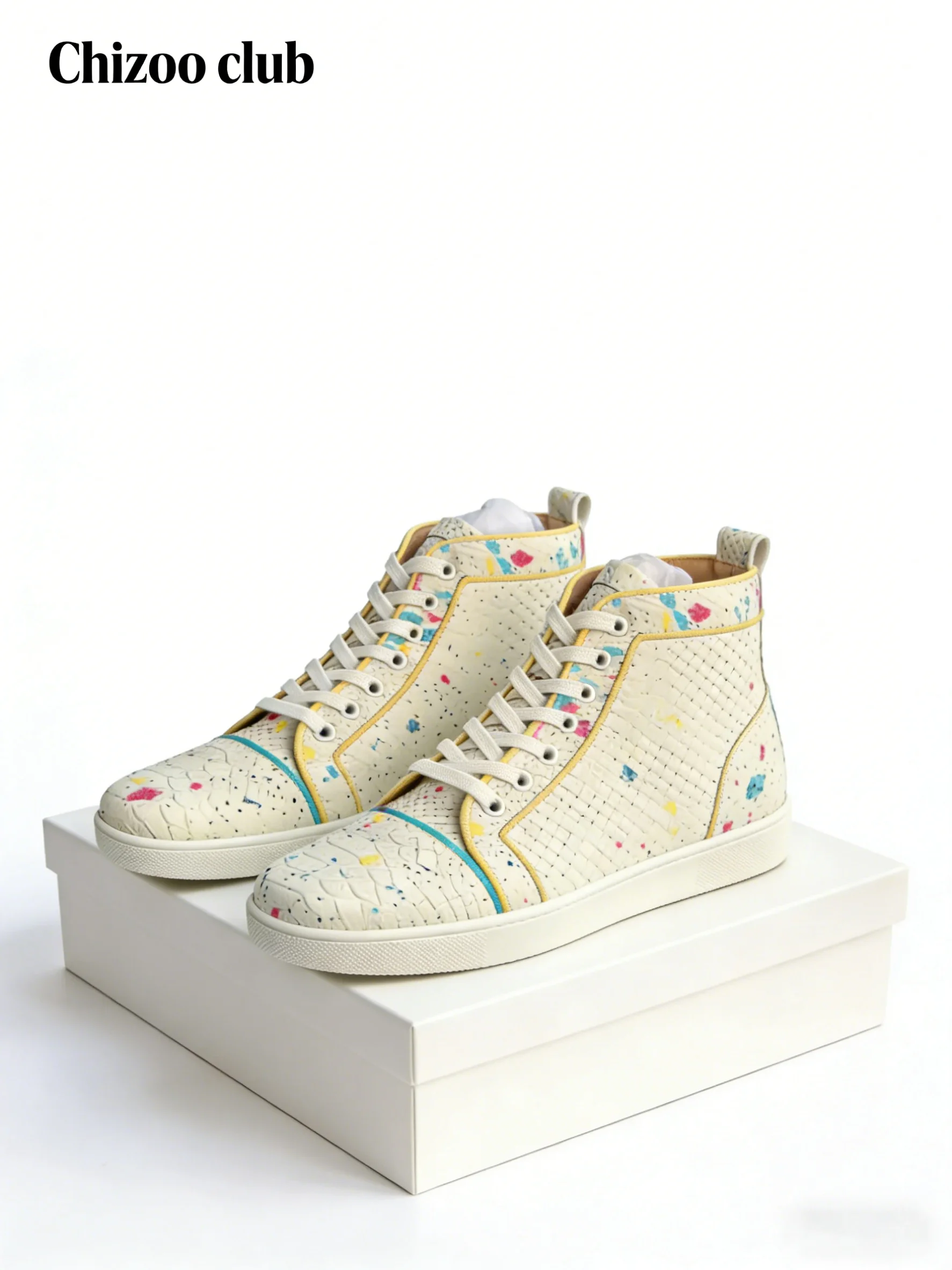 

Мужские повседневные кроссовки с высоким верхом и узором «змеиная кожа» с разноцветными точками, на шнуровке, с круглым носком, новый стиль, удобные, на плоской подошве