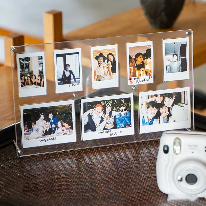 Clear Acrylic Multi Grid Instax Display Stand, Magnetic Polaroid Photo Frame Table Top Picture Holder for Instant Film
