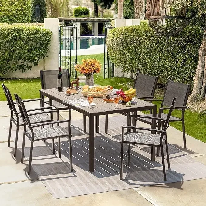 Patio Dining Set 7 Pieces Outdoor Furniture Table and 6 Textilene Chairs, Light Grey