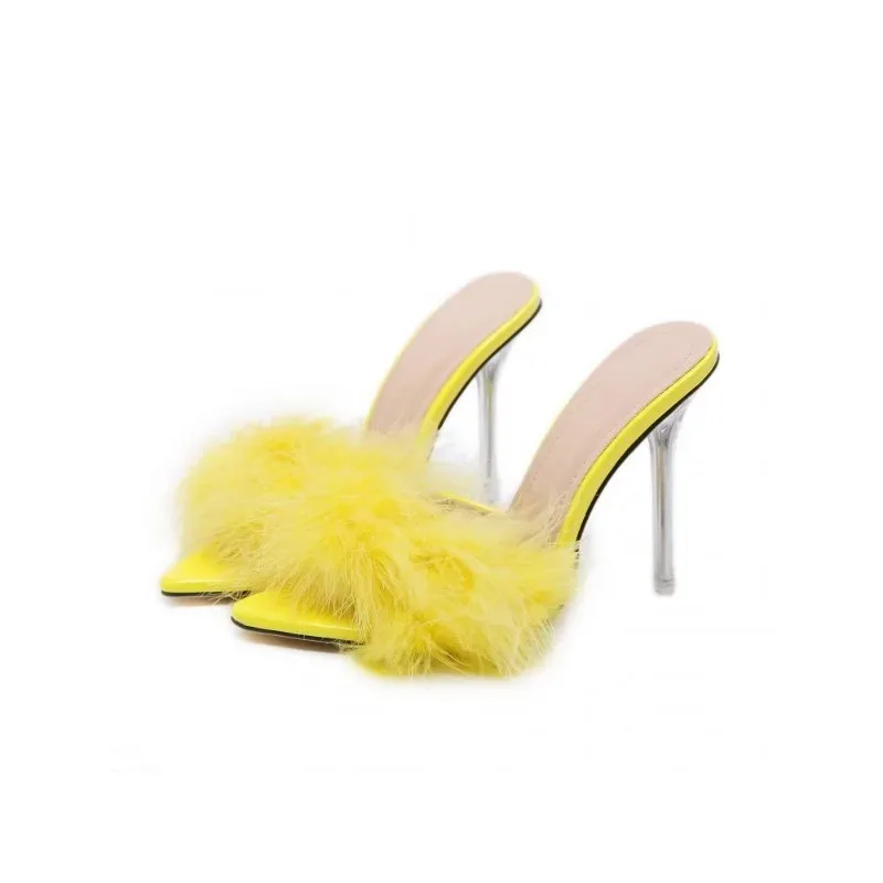 Woman Slippers 2023 New Feather Design PVC Transparent Sandals Perspex High Heels Fur Peep toe Ladies Mules Slides Shoes