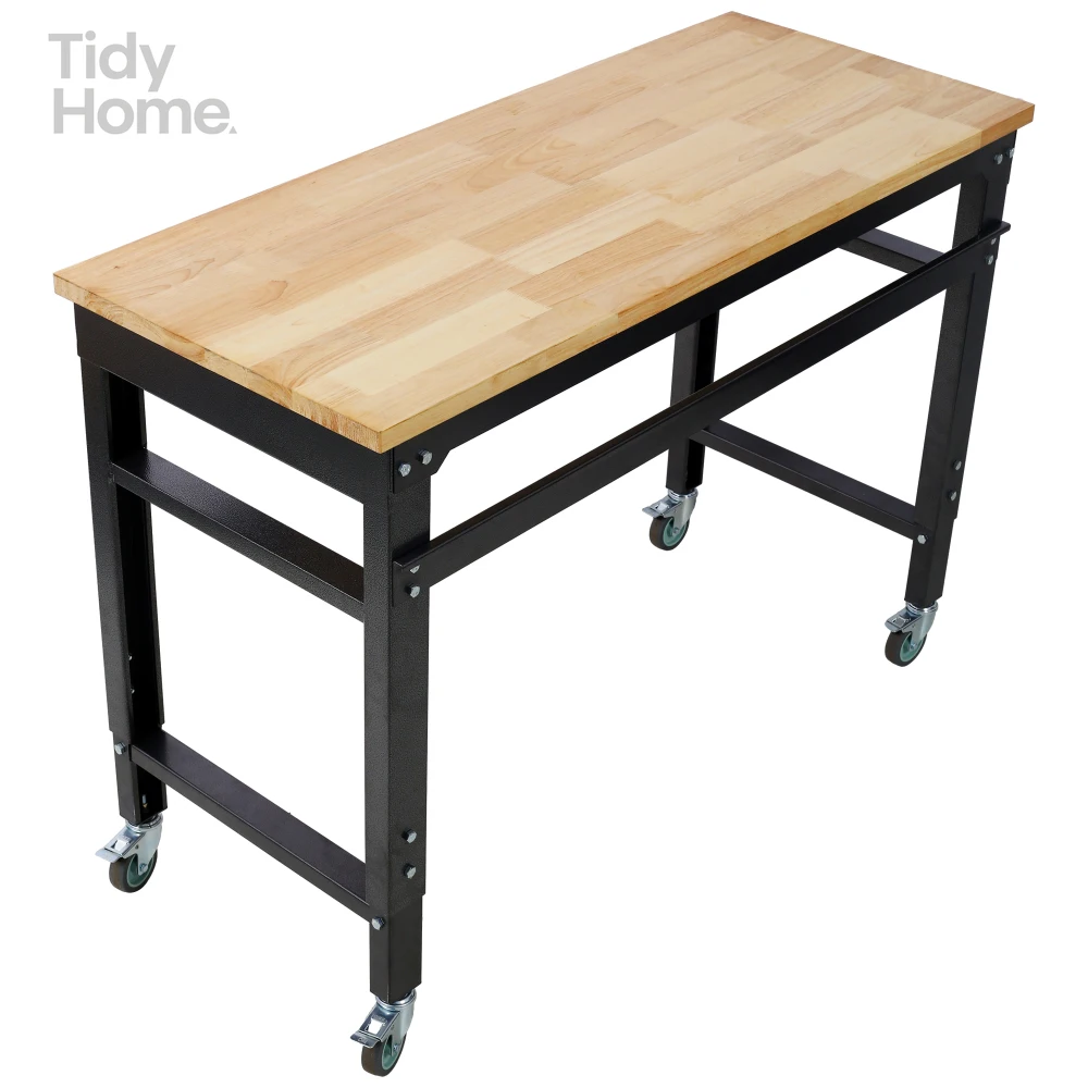 Workbench - 48" Wide Rolling Workbenches for Garage - Adjustable Height,Workshop Tool Bench,Metal with rubber Wood Top,Black leg