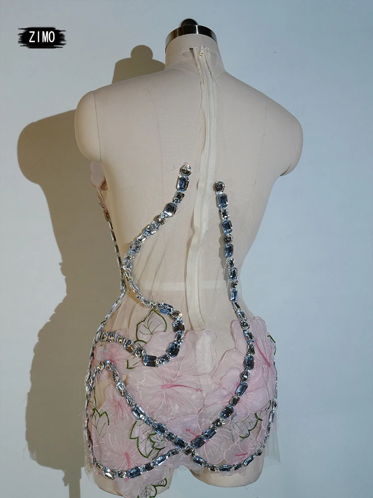 Glänzendes Strass-Bar-Kleid, kurzer Rock, rosa, sexy Kleid, Neckholder, Feiern, Leistung, Party, Geburtstag, Sängerin, Tanz, GO Drag Queen