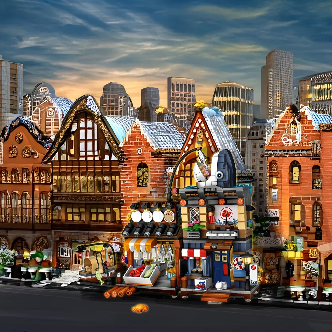 Street View Series Bausteine Izakaya Shaved Ice Shop Takoyaki Shop Café Panda Teehuis Modell Kindergeschenk