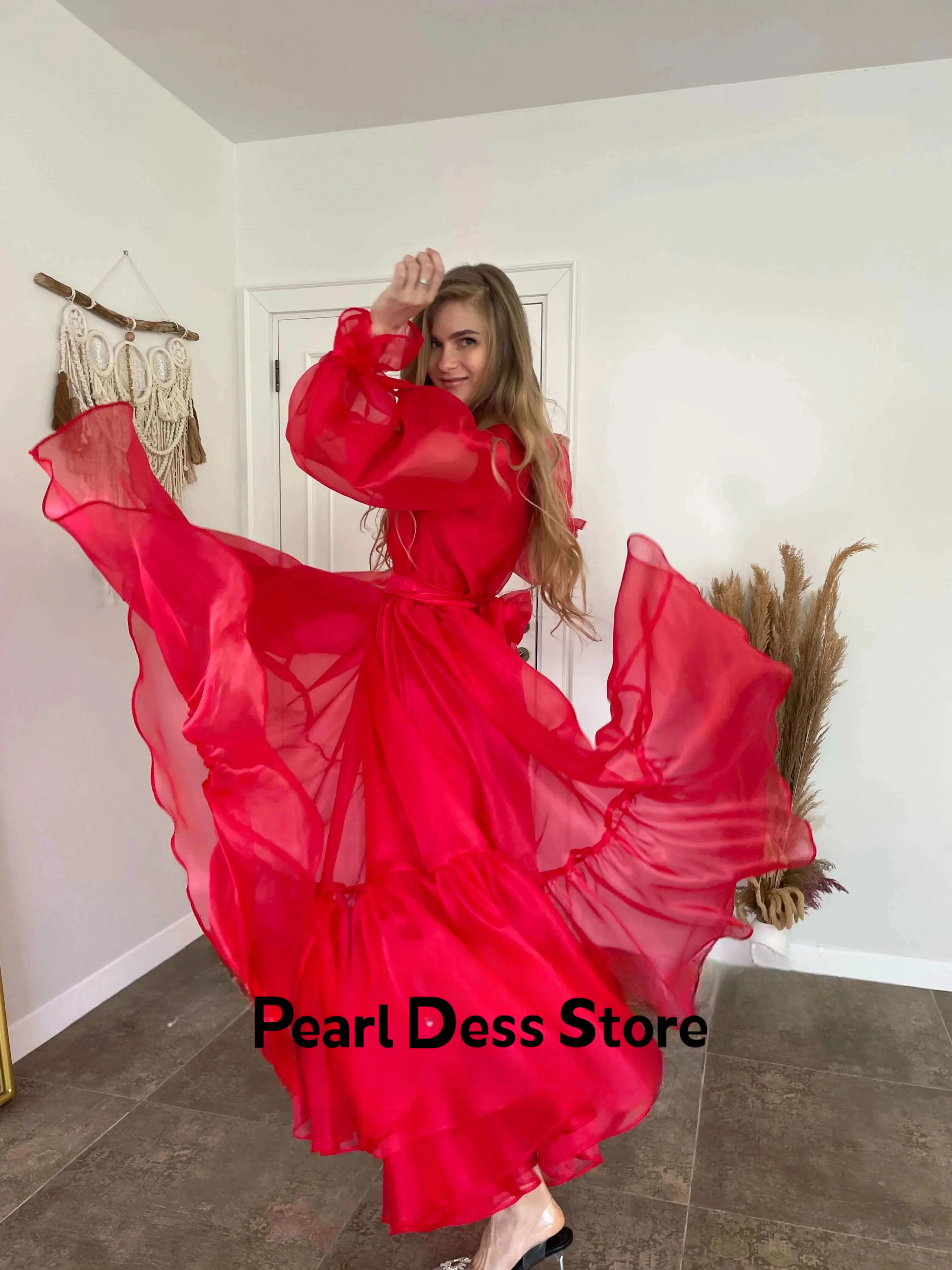 Red A-line organza ball dress with ankle length bubble sleeves for returning to school, pleated evening dress, fashionable forma