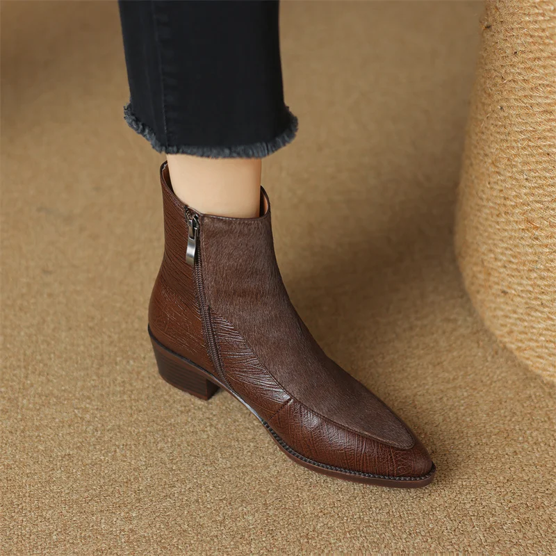 2024 Autumn Horsehair Women Boots Pointed Toe Chunky Heel Shoes for Women Winter Short Boots Concise Women Boots Genuine Leather