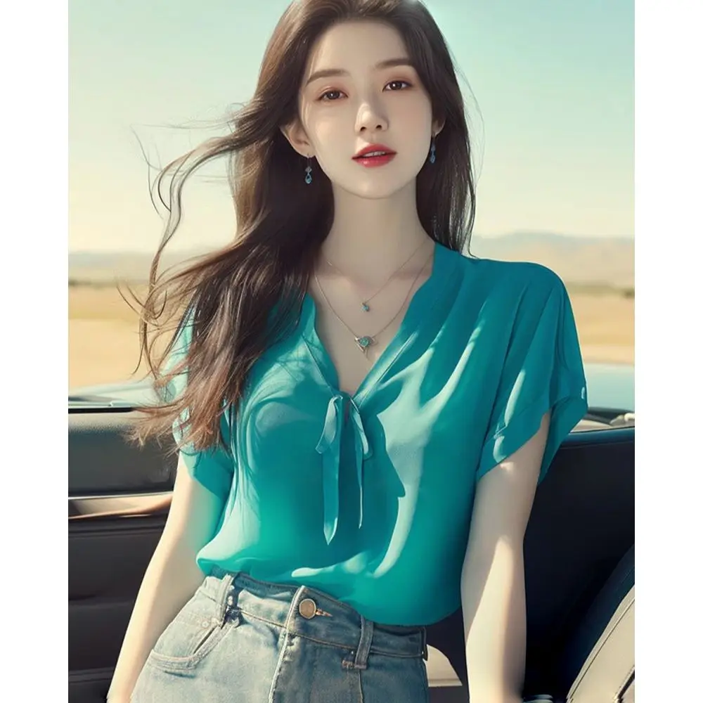 เสื้อชีฟองแขนสั้นผู้หญิงฤดูร้อนใหม่มีสไตล์เสื้อเชิ้ตแฟชั่นฝรั่งเศสลําลอง