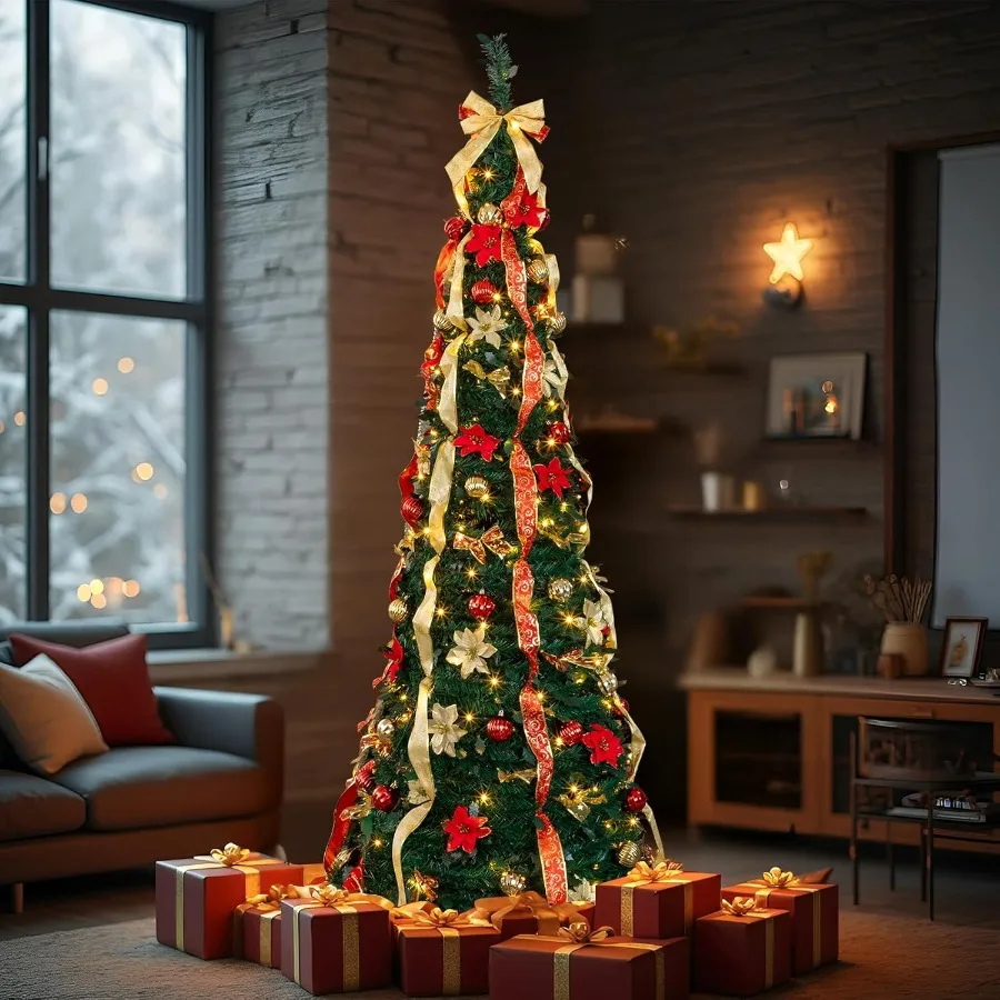Árvore de Natal pop-up de 7 pés com luzes Árvore de Natal dobrável pré-iluminada com 200 luzes brancas quentes e 8 modos de suspensão Decorat