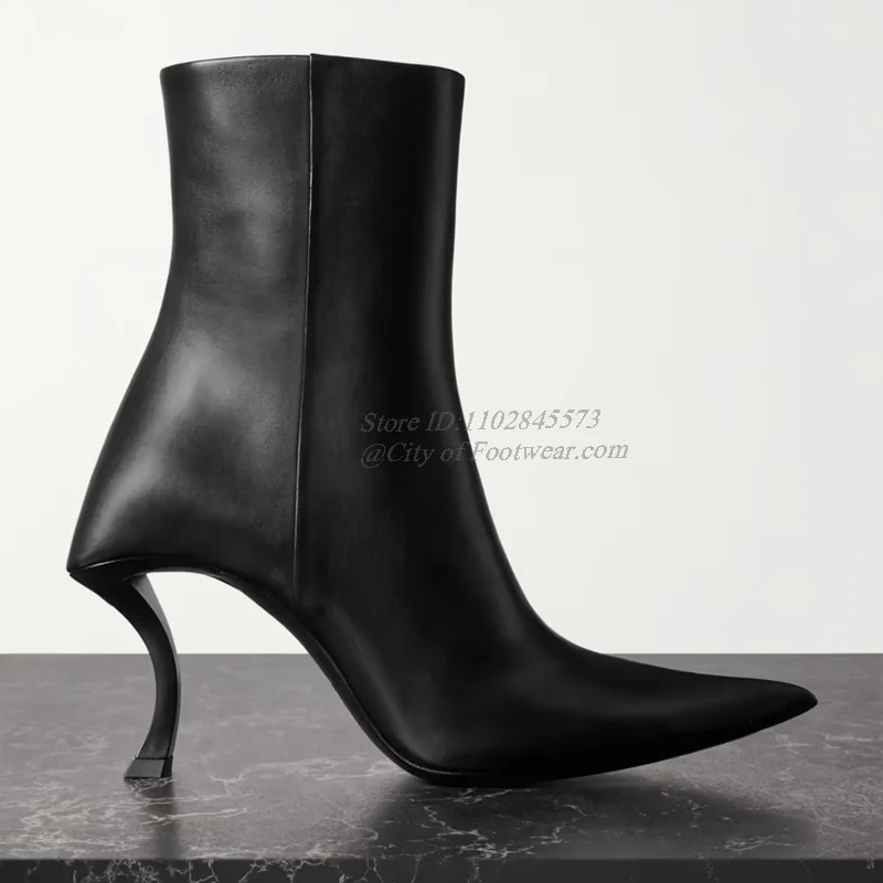 2024 New in Black Leather Ankle Boots Strange Style Sexy Pointy Toe High Heels Zipper Booties Luxury Designer Women\'s Shoes