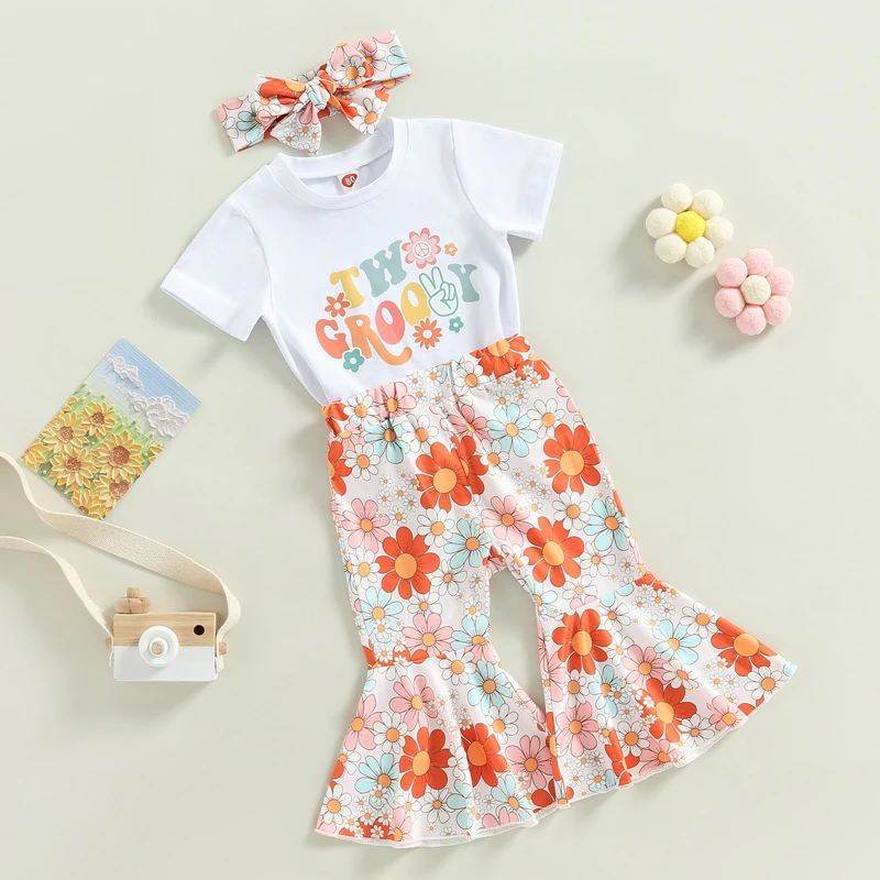 Toddler Baby Girls Pants Set Crew Neck Short Sleeve Letters Print T-shirt with Flower Print Flare Pants and Hairband
