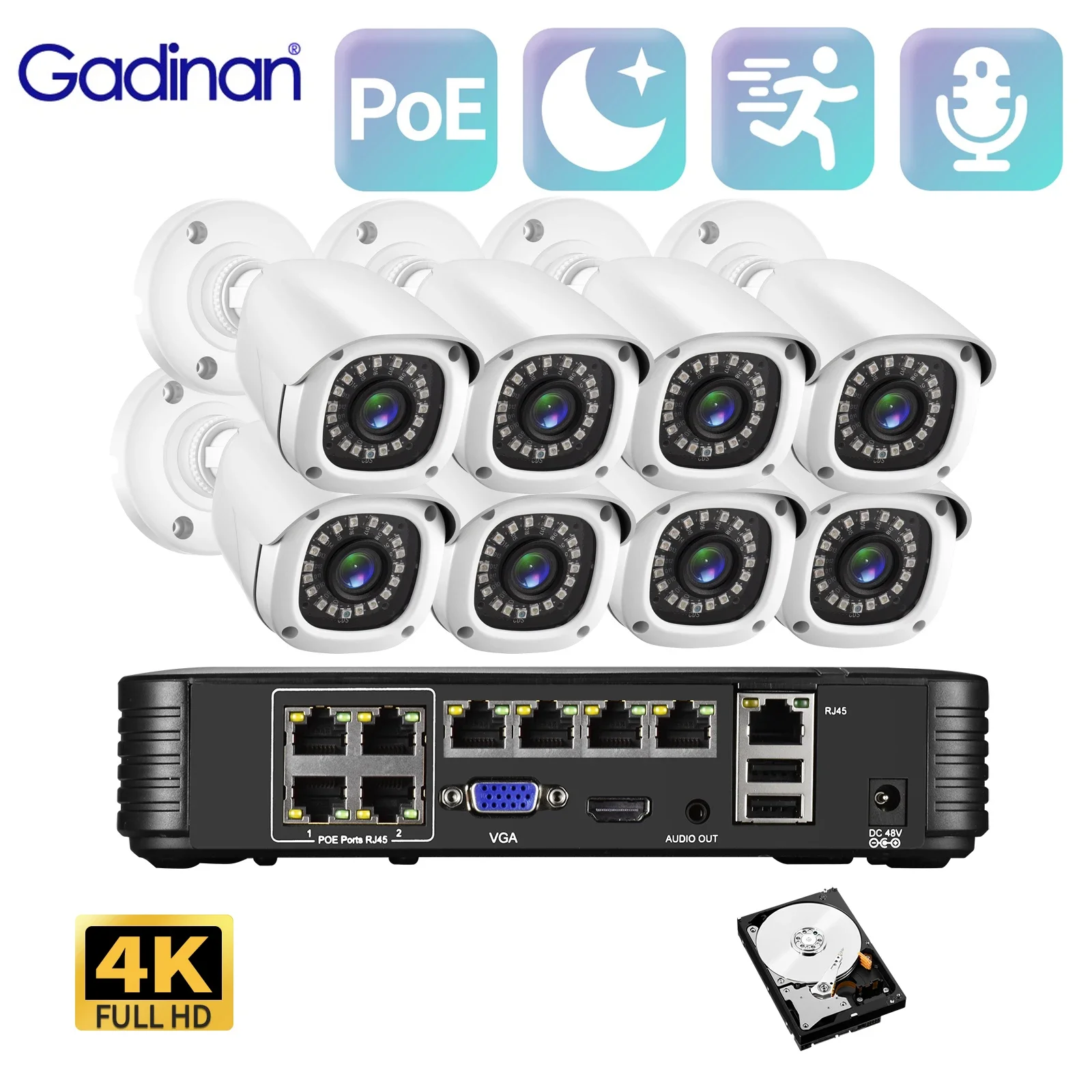 Gadinan 4K 8MP CCTV Security Camera System Motion Detection AI Audio Poe 8CH NVR IP Cameras Set ONVLF IR-Cut Night Vision XMEye