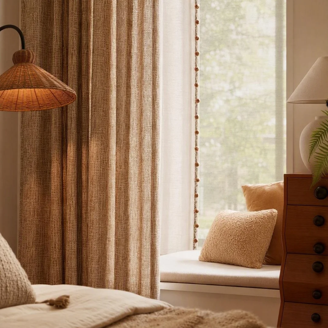 Mid‑Century Brown Woven Textured Blackout Curtain Wabi‑Sabi Linen‑Touch Window Drapes