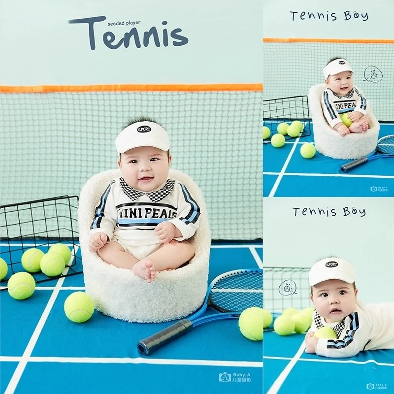 Baby Photography Clothing Tennis Vigor Sports Theme Set Backdrop Outfit Cap with Balls Decors for Kid Studio Photoshoot Props