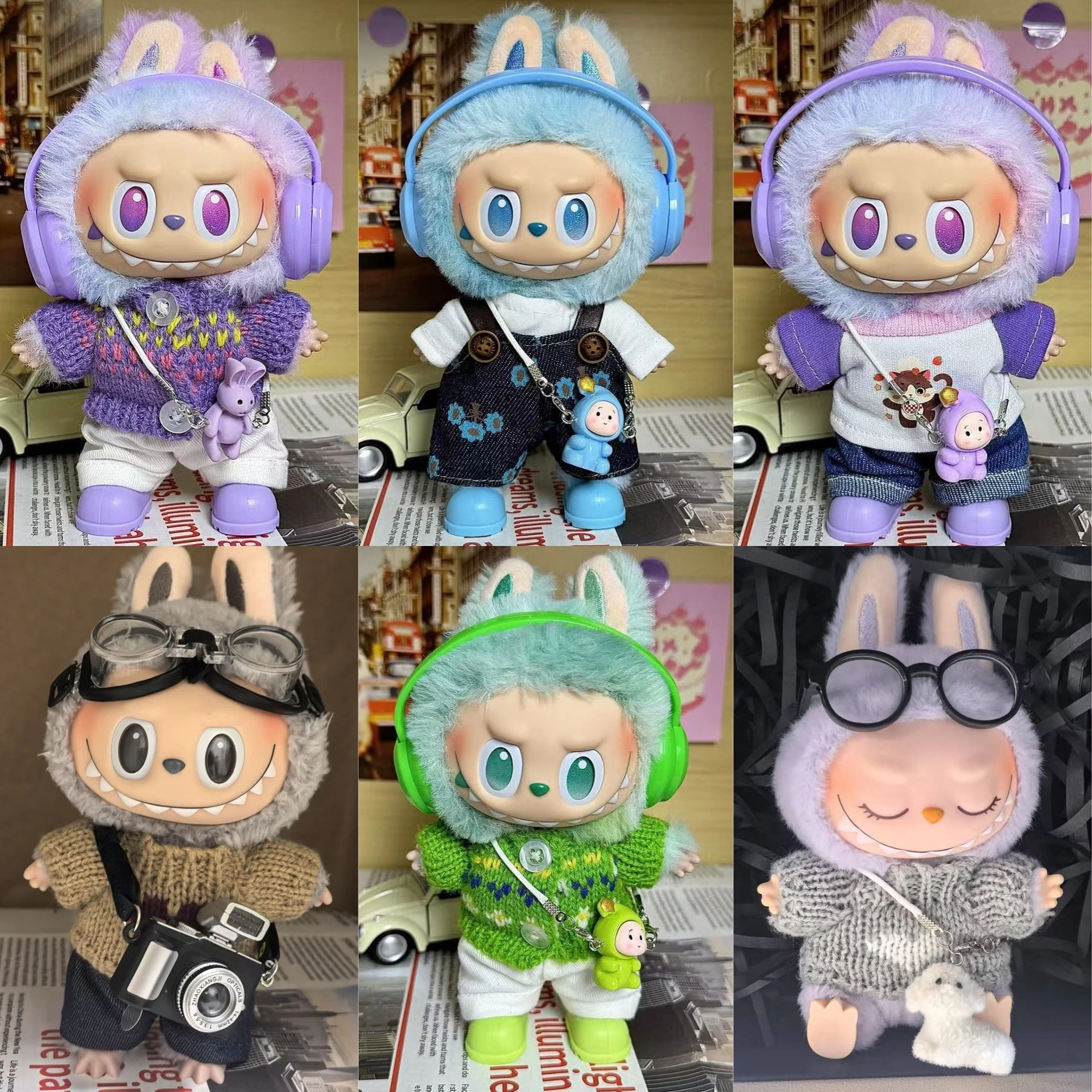 

15/17cm Labubu Doll Clothes 1st/2nd/3rd Gen Fit Overalls Sweater Headphone Crossbody Bag Pendant Colorful Shoes Set For Labubu