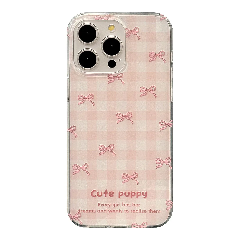 Korean Style Double Layer Printed Pink Plaid Bow Phone Case for IPhone15 14 12 13  Pro ProMax Plus  Shockproof Phone Cover