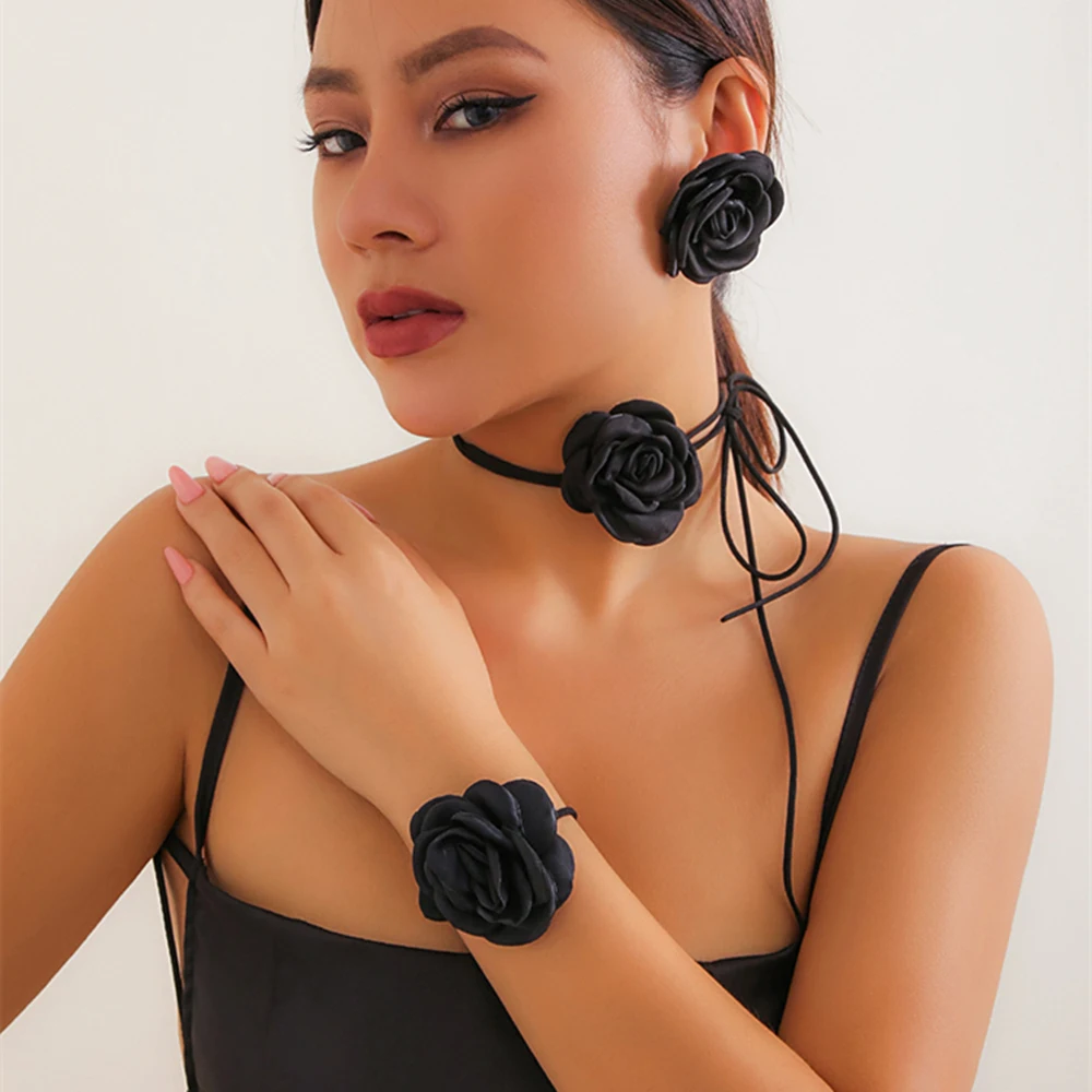 IngeSight.Z Romantic Big Rose Flower Earrings & Necklace Set