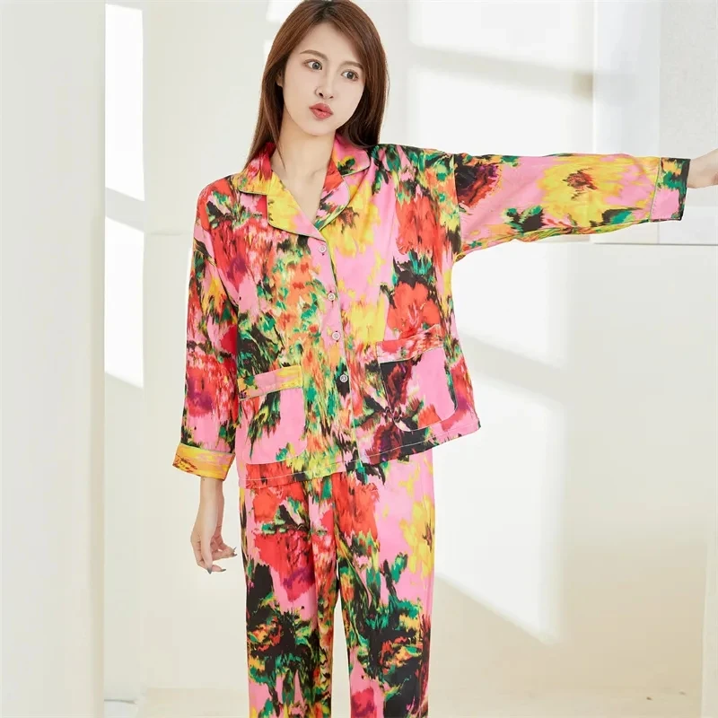 Satin Women\'s Spring Autumn Silk Like Pajamas Polo Collar Long Sleeve Pants Two Piece Set Colorful Printed Fashion Home Suit