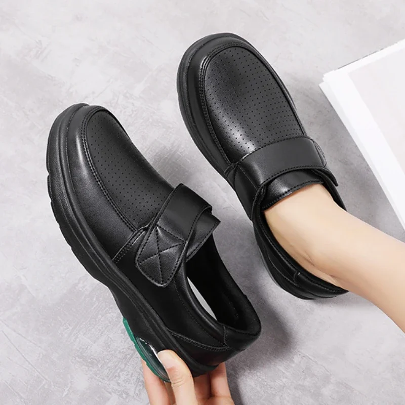 Waterproof Leather Loafers for Women Air Cushion Soft Sole White Nurse Shoe Ladies Office Magic Tape Anti-Skid Casual Work Shoes