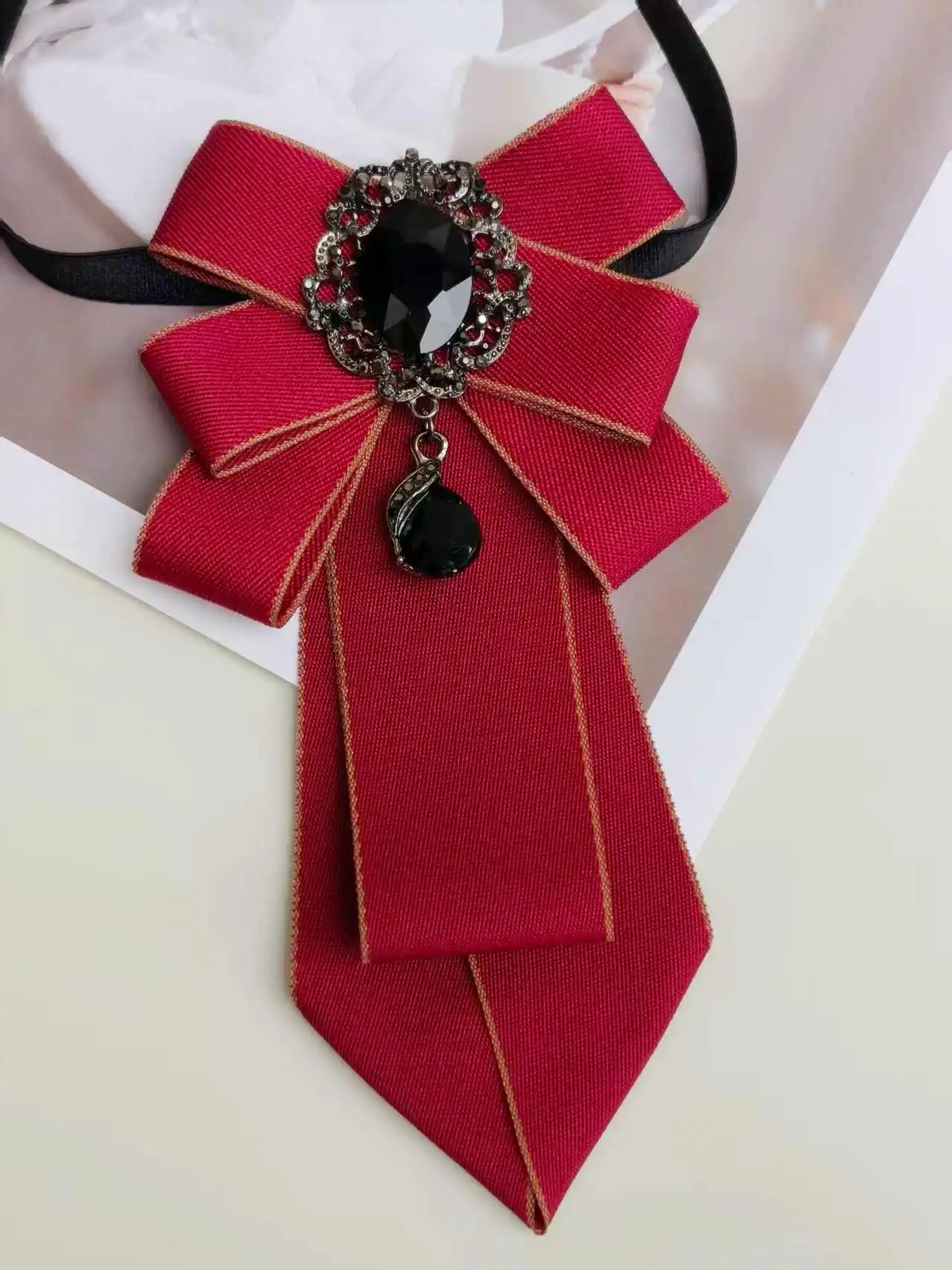 Japanese-Style School Uniform-Inspired Burgundy Long-Tie Collar Flower, Vintage Black Diamond Pendant Double-Layer Bow, Sailor Uniform Jk Shirt No-Tie Bow Accessory
