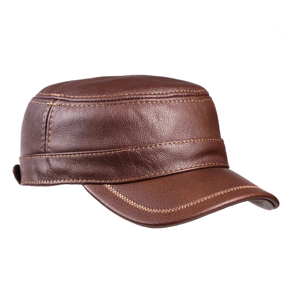 Hat Men Winter Male Genuine Leather Quality Cowhide Casual Thin Flat Top Cap Hombre Black Brown Solid Color Trucker Casquette