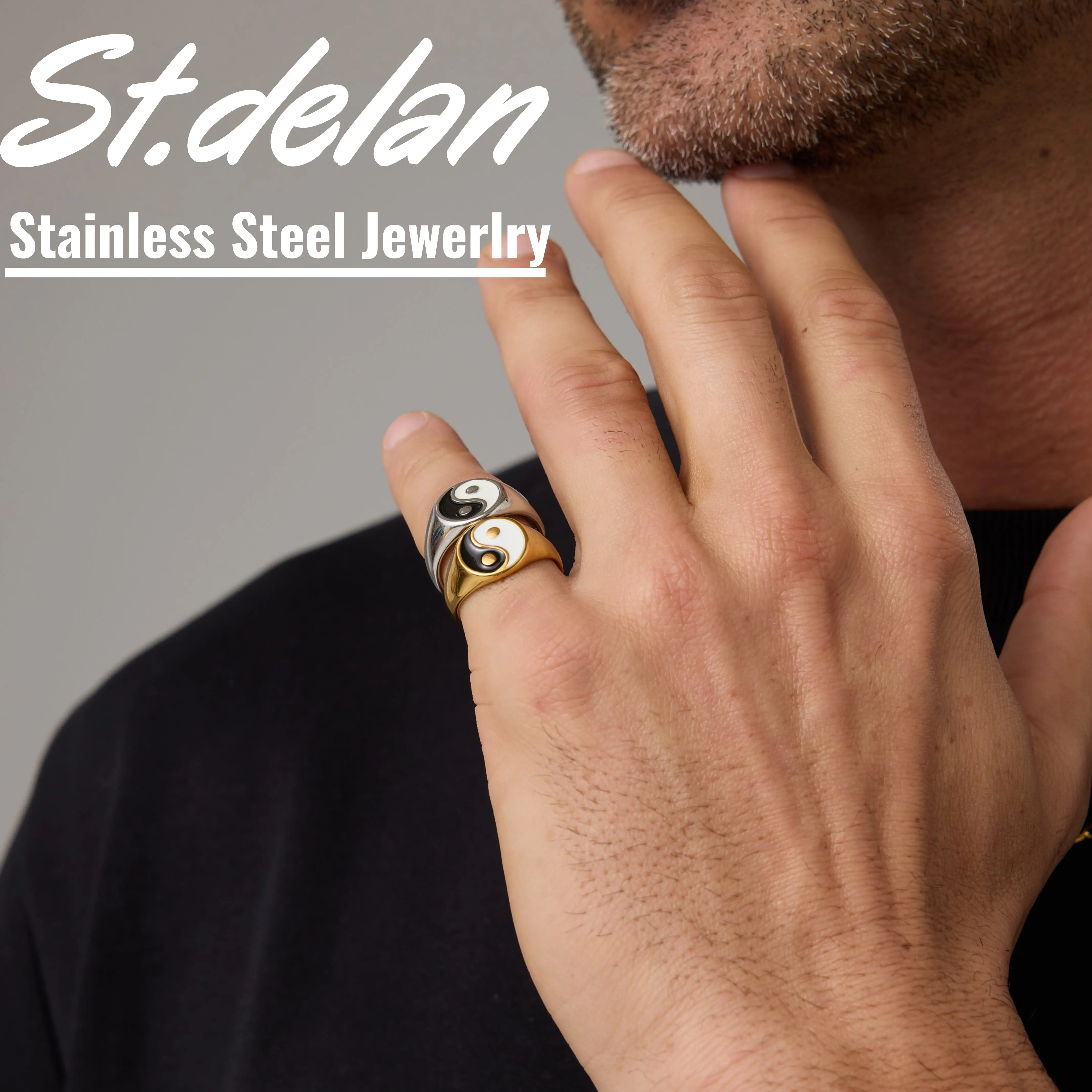St.delan Wholesale Tai Chi Yin Yang Titanium Steel Rings | Trendy Versatile Stainless Steel Men's Fashion Hand Jewelry