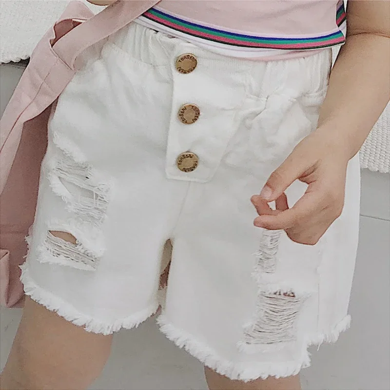 Kids Denim Shorts Pants Jeans For Girls Summer Fashion Cotton Hole Ruffles Shorts Child Clothes Solid Pocket High Quality 4Years