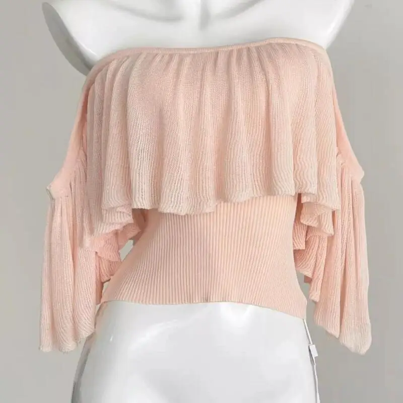 Girl Summer Short Sleeves Boat Neck Knitted Top Pure Desire Style Ruffle Tube Top Sweet Cute Sexy Splice Knitwear Girl's Gift