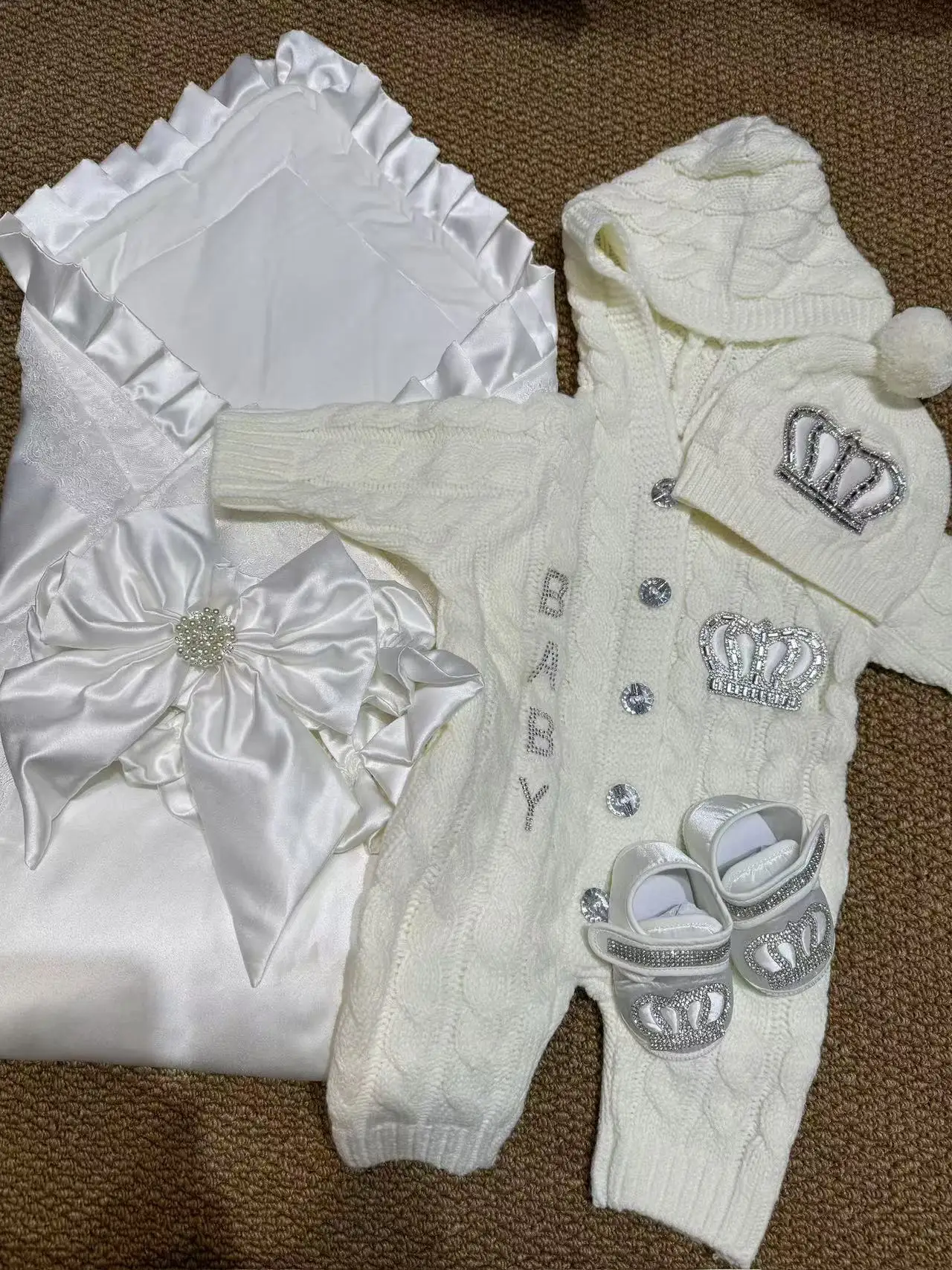 White Baptism Baby Coming Home Hospital Outfit Cotton Romper Knitted Back pants Receiving Blanket Swaddle Gift Set