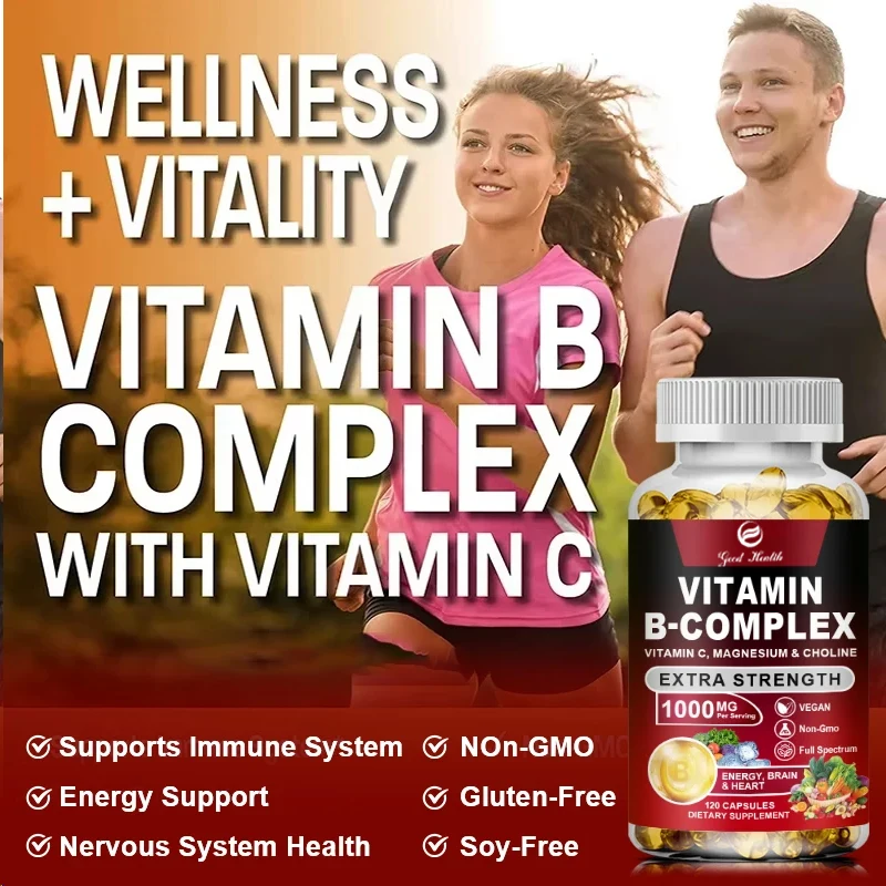 مكمل فيتامين ب المركب - B1، B2، B3، B5، B6، B7، B8، B9، B12 مع فيتامين C، الكولين، الإينوسيتول - الطاقة والدماغ والقلب