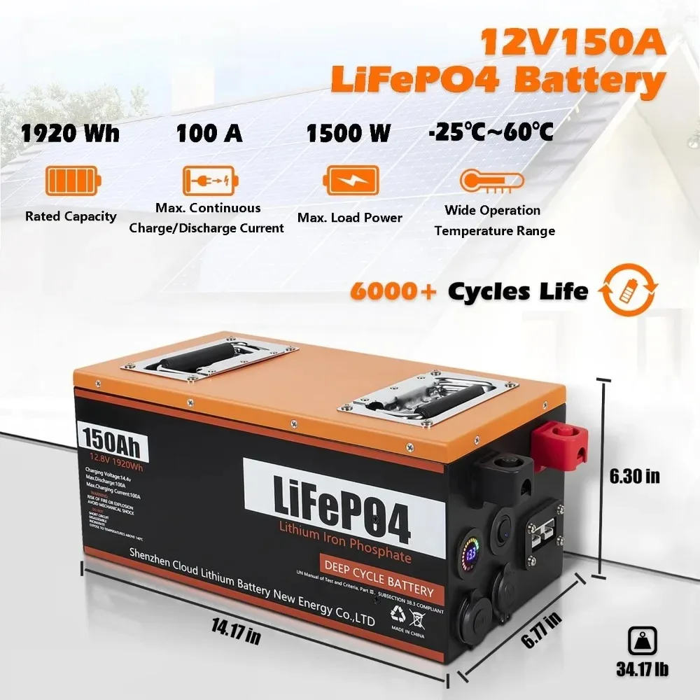 

Аккумулятор LiFePO4 глубокого разряда 12В 150Ач со встроенной BMS 100А, идеально подходит для автодомов, солнечных систем, морского применения, идеальная замена для большинства, на заказ