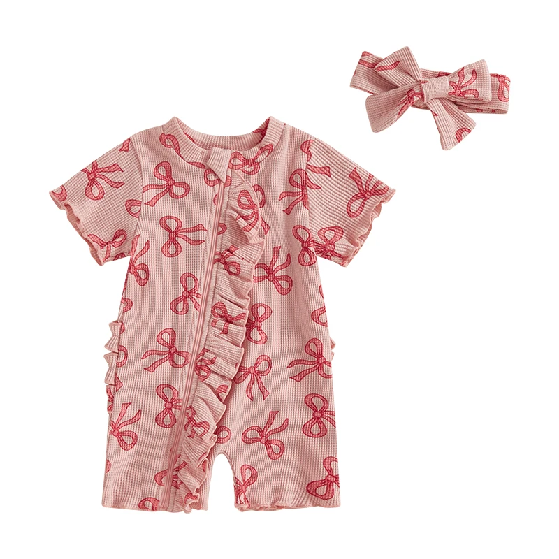 

Baby Girls Jumpsuit Set, Short Sleeve Bow Print Romper with Headband Summer Casual Outfit
