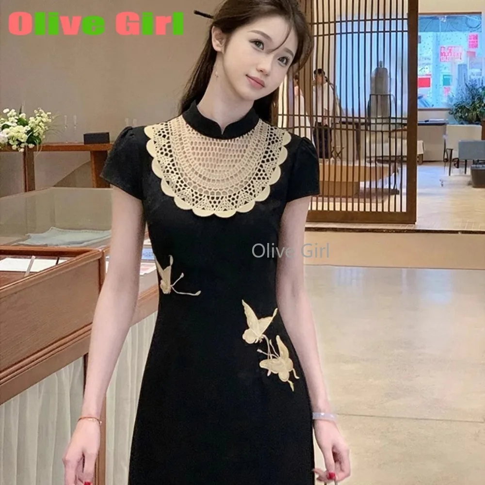 

Оливковое платье для девочек Qipao, черное элегантное платье с бабочкой, традиционное китайское платье, улучшенное ретро Cheongsam, женская летняя одежда