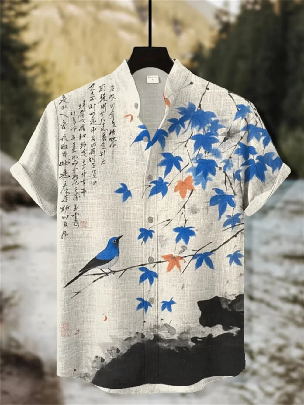 

Мужская креативная льняная рубашка с принтом кошек, с коротким рукавом, воротником-стойкой, повседневная, дышащая, больших размеров, уличный стиль, 2026