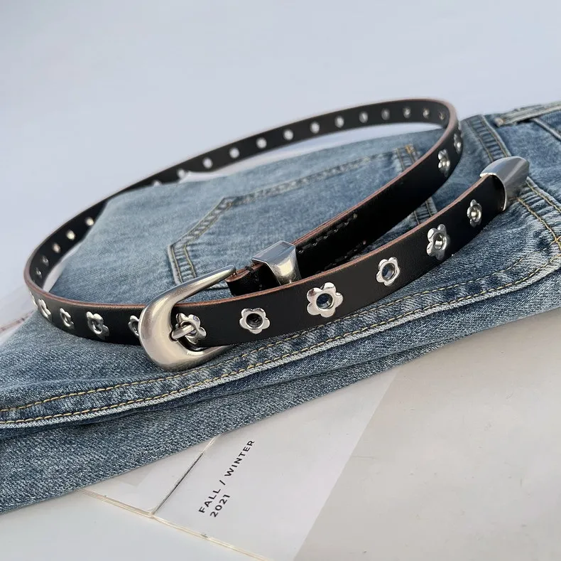 Rivet Leather Women\'s Belt Head Cowhide with Jeans Niche Design Premium Sense Black Flower Belt Student