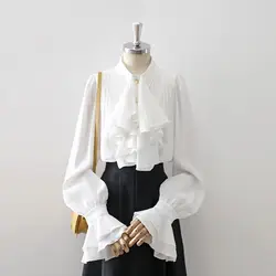 Spring Summer Woman Clothes Flare Sleeve Shirt Ins Chic Unique White Stand Collar Pure Retro Elegant Bow Office Lady Simplicity